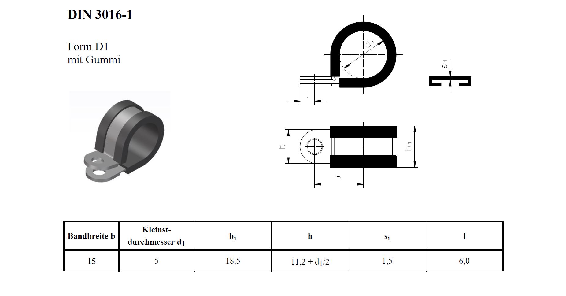 Rohrschelle RSGU 15 mm | DIN 3016 D1 MAßblatt