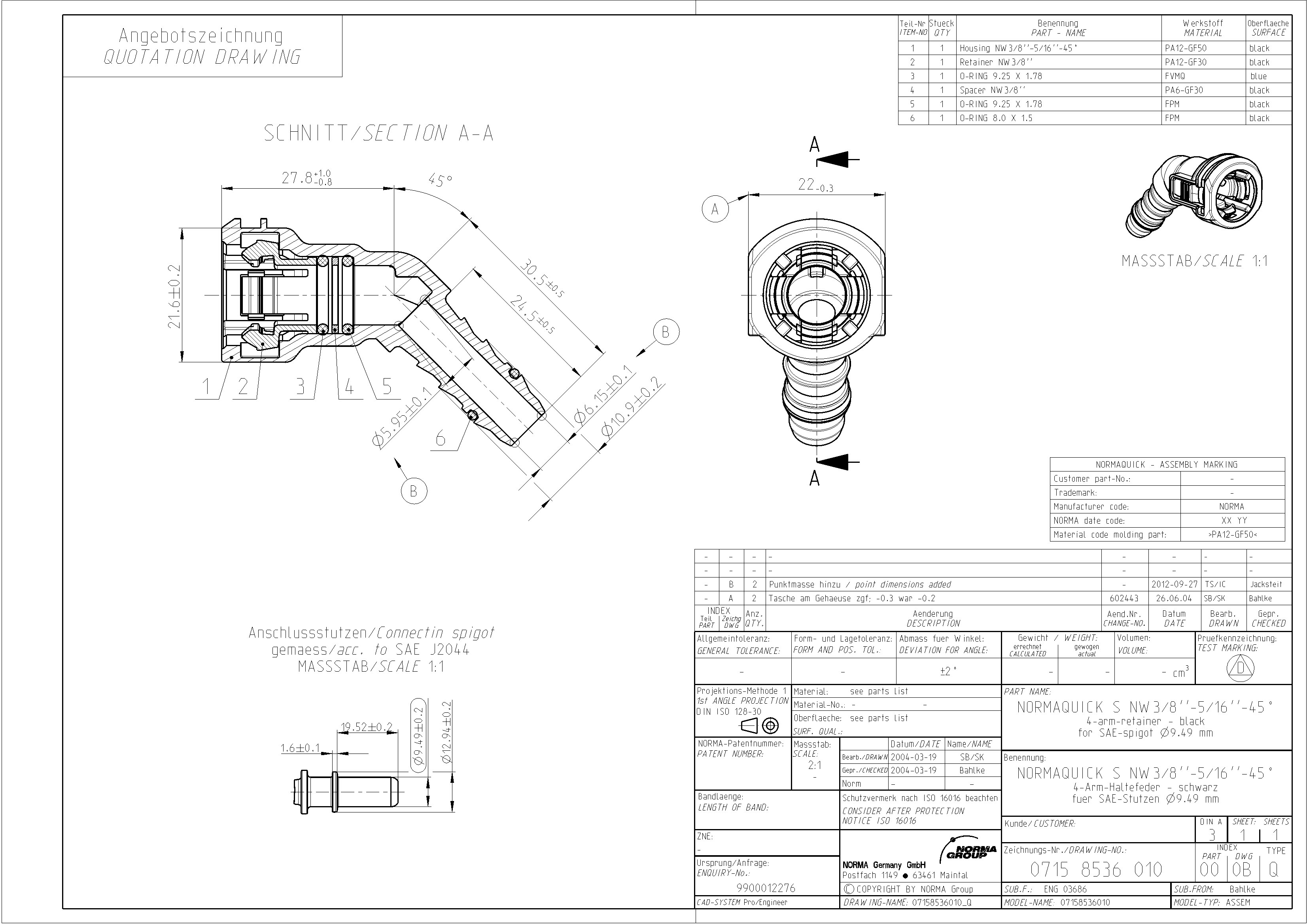 NQ-S 45°-Steckverbindung NW 3/8", mit 5/16" Schlauchanschluss (ca. 8 mm)