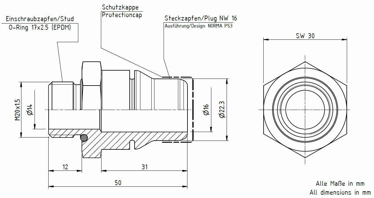 VDA Einschraub Stecknippel NW 16 - M20x1.5 | 40061293X