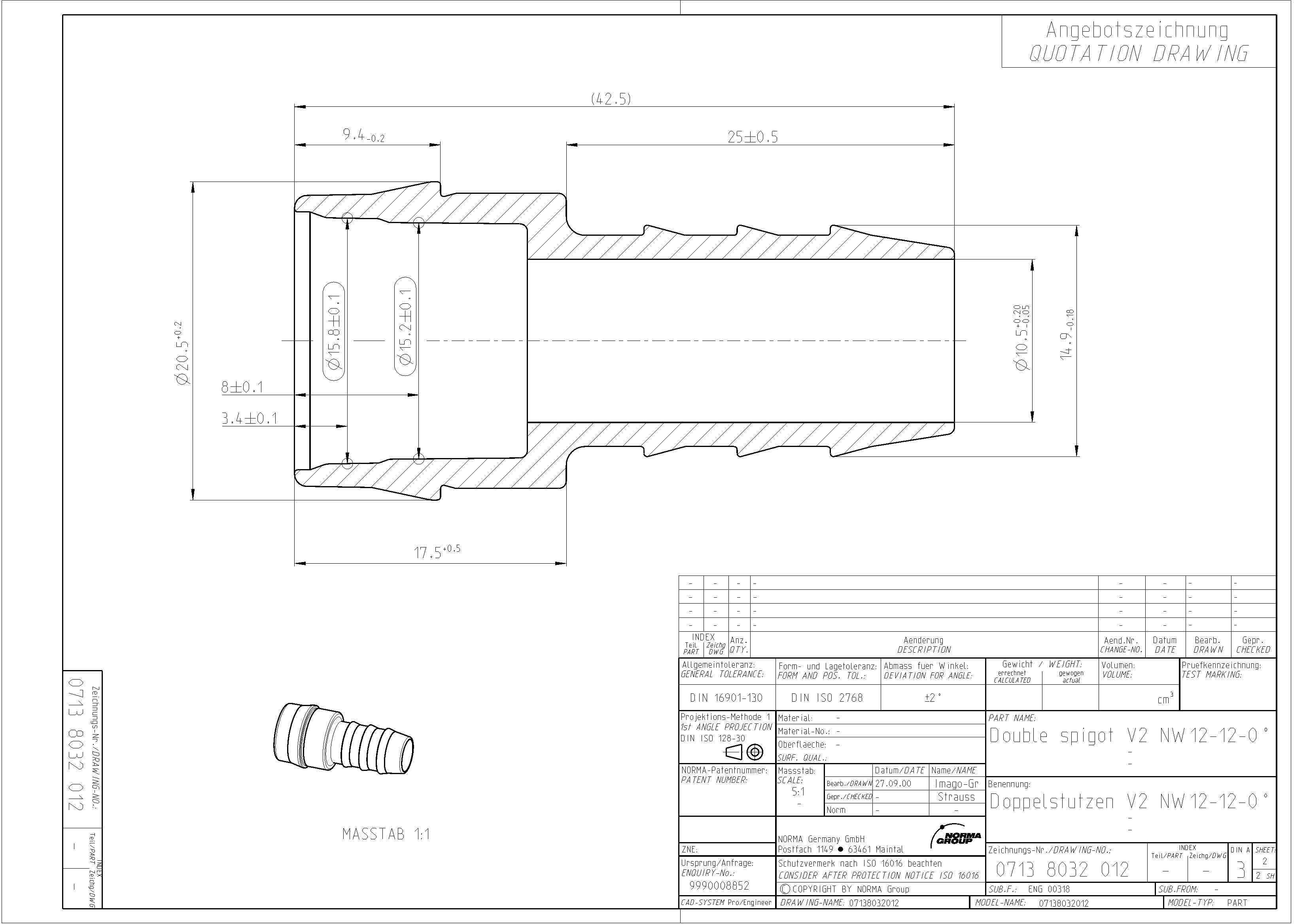 NQ-V2 Adapterstück / Stecker NW 12 - 12 - 0°