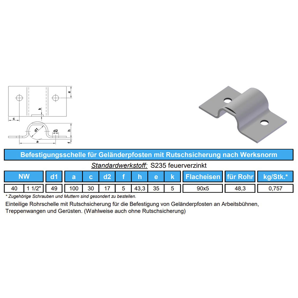 Rohrschelle Ø 49mm mit Rutschsicherung | Befestigung von Geländerpfosten an Arbeitsbühnen, Treppenwangen und Gerüsten