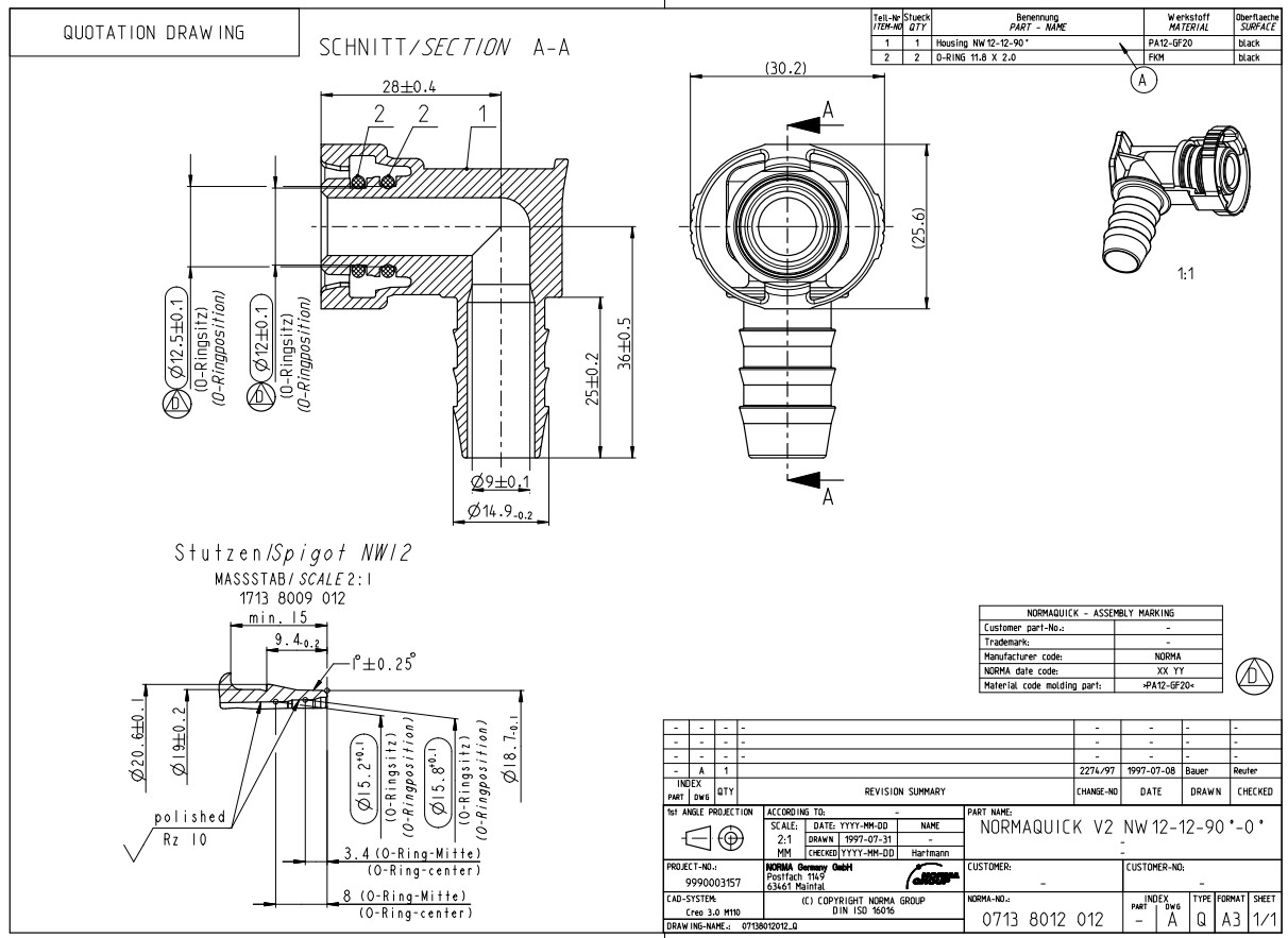 NQ-V2 Steckverbindung NW 12 - 12 - 90°, 12 mm Schlauchanschluss