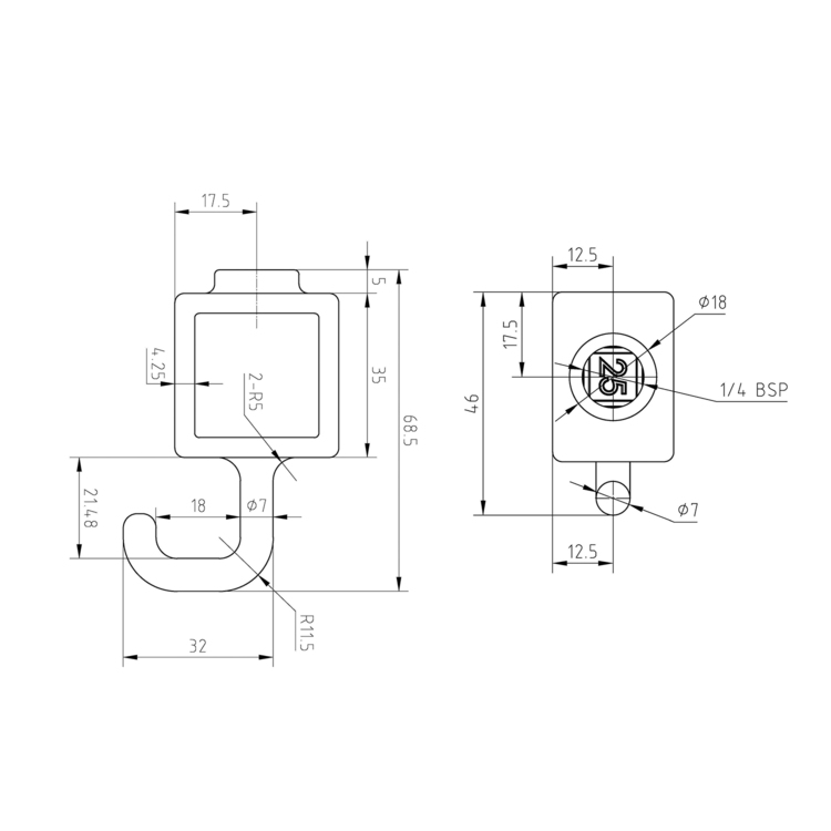 Rohrverbinder Stellring mit Haken / Garderobenhaken, quadratisch | 25x25  - Typ 64S