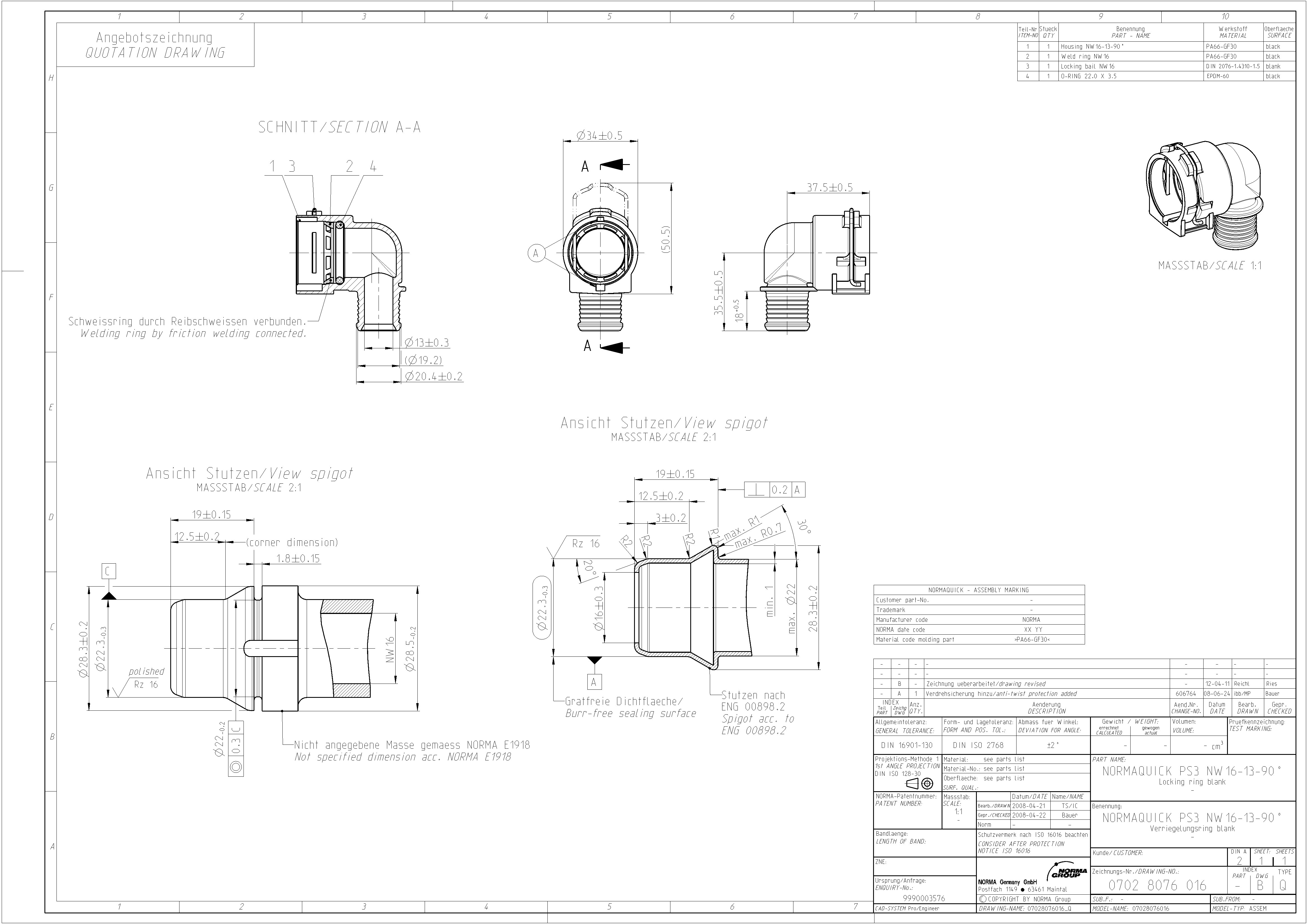 NQ-PS3 Steckverbindung NW 16 - 13 - 90° - EPDM