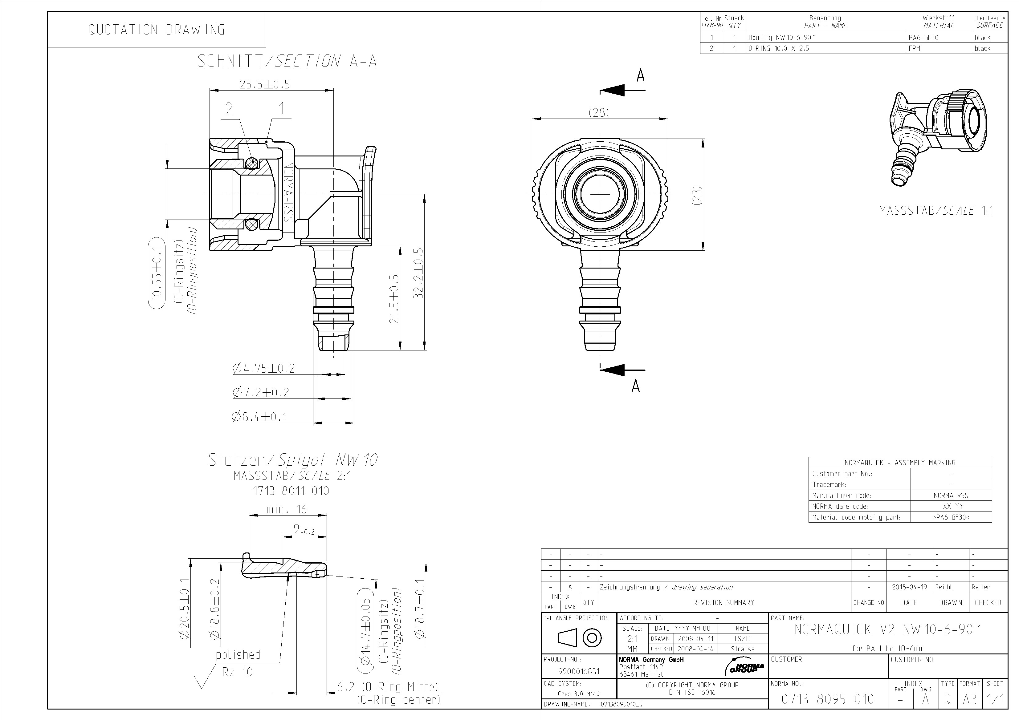 NQ-V2 Steckverbindung NW 10 - 06 - 90°, 6 mm Schlauchanschluss